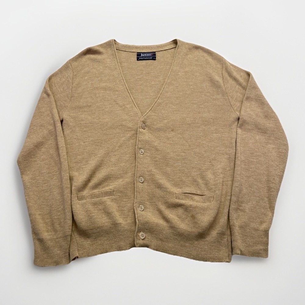 Vintage Jantzen Cardigan Mens L Button Front Sweater Camel Hair Acrylic Knit 80s